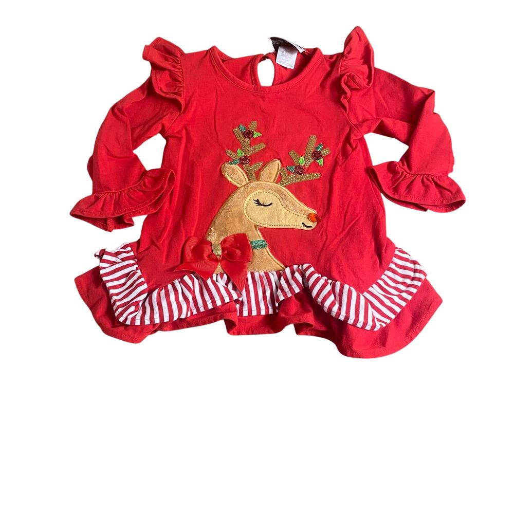 Rare Editions red Christmas reindeer ruffle long sleeve shirt‎ SIZE 2T